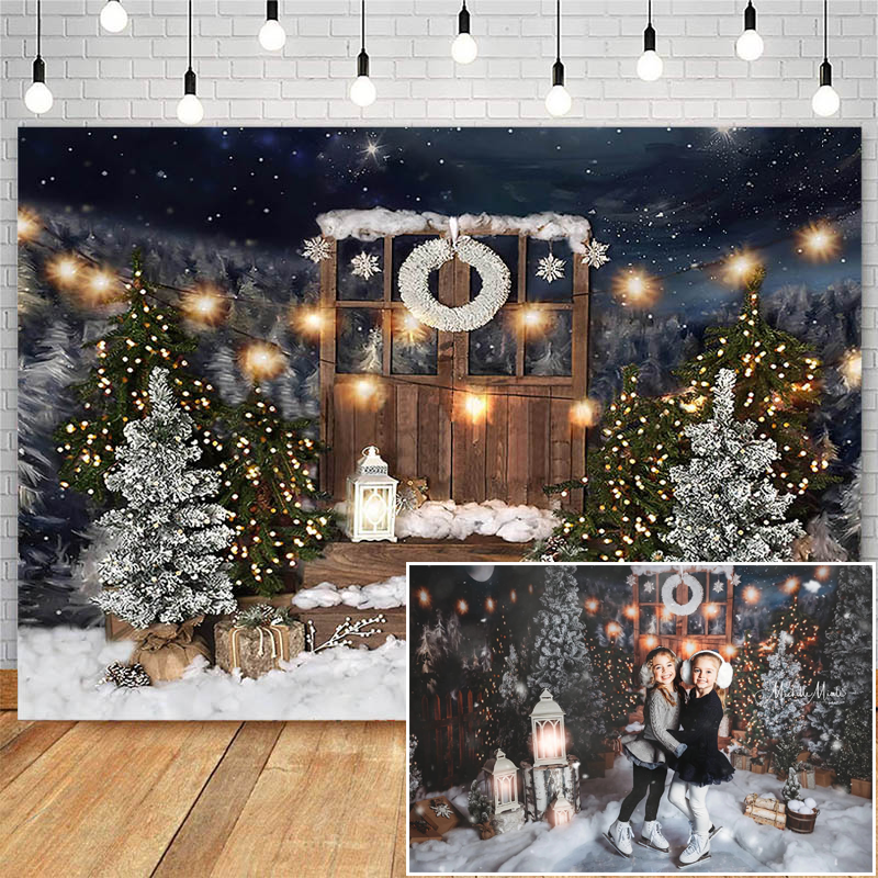Christmas Snow Photography Backdrops Wooden Door Pine moon Decor Backdrop Children Portrait Photocall Background Photo Studio