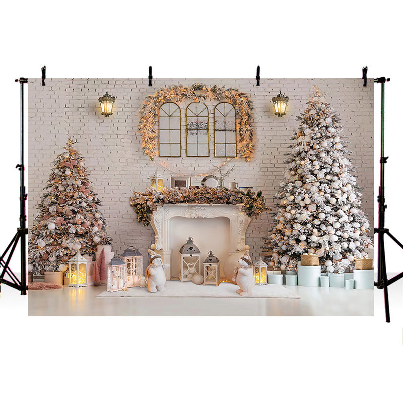 Christmas Toy Bear Background for Photography Fireplace and Pine Tree Retro Light Photo Background Photocall Brick Wall Decor