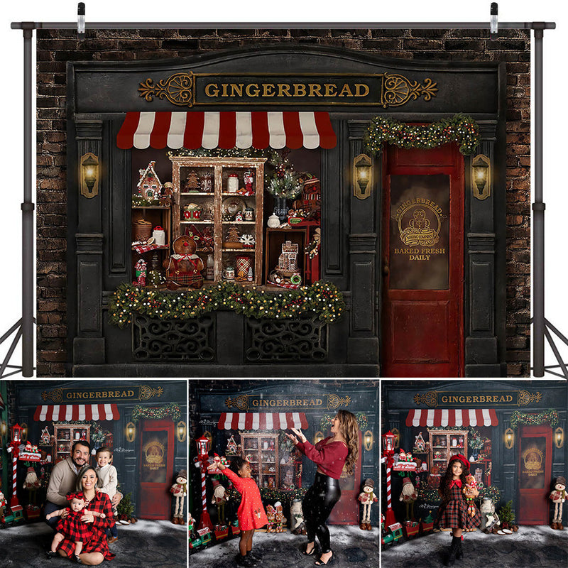 Christmas Toy Store Backdrop Retro Gingerbread House Photography Xmas Room Portrait Background Photo Studio Winter Street Snow