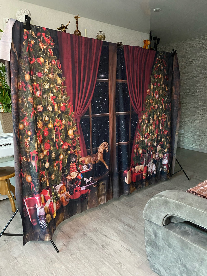 Juguetes de Navidad Telón de fondo Niños Niños Niña Retrato Árboles Osos Accesorios de ventana Suelo de madera Festival Banner Bebé Niño Accesorios de estudio fotográfico 
