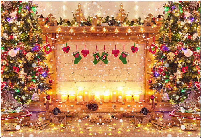 Christmas Tree Fireplace Background for Photo Studio Glitter Winter New Year Eve Party Decoration Baby Kids Portrait Backdrop