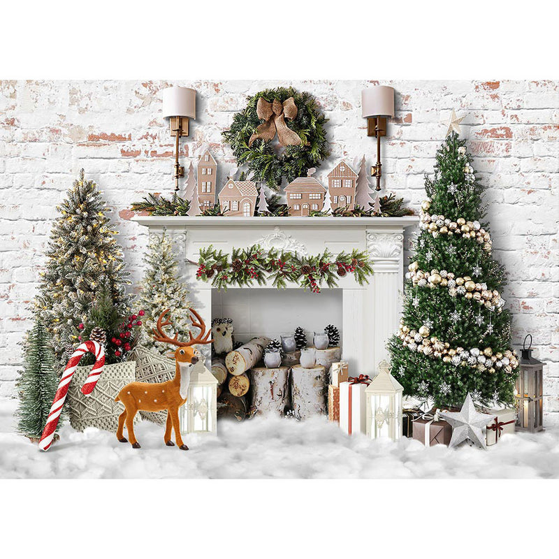 Christmas Tree Portrait Backdrop for Photography White Fireplace Deer Vintage Light Children Baby Background