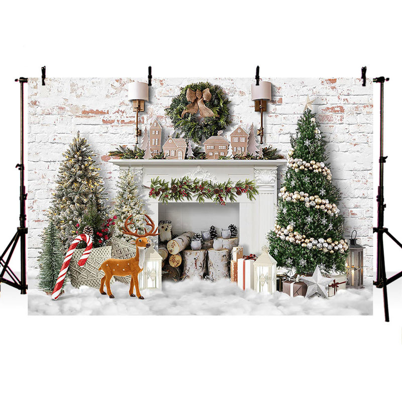Christmas Tree Portrait Backdrop for Photography White Fireplace Deer Vintage Light Children Baby Background