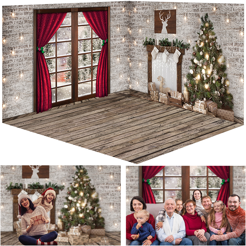 3 Style Christmas Window Snow Photography Backdrops White Brick Wall Red Curtains Family Portrait Photocall Background Photo Studio