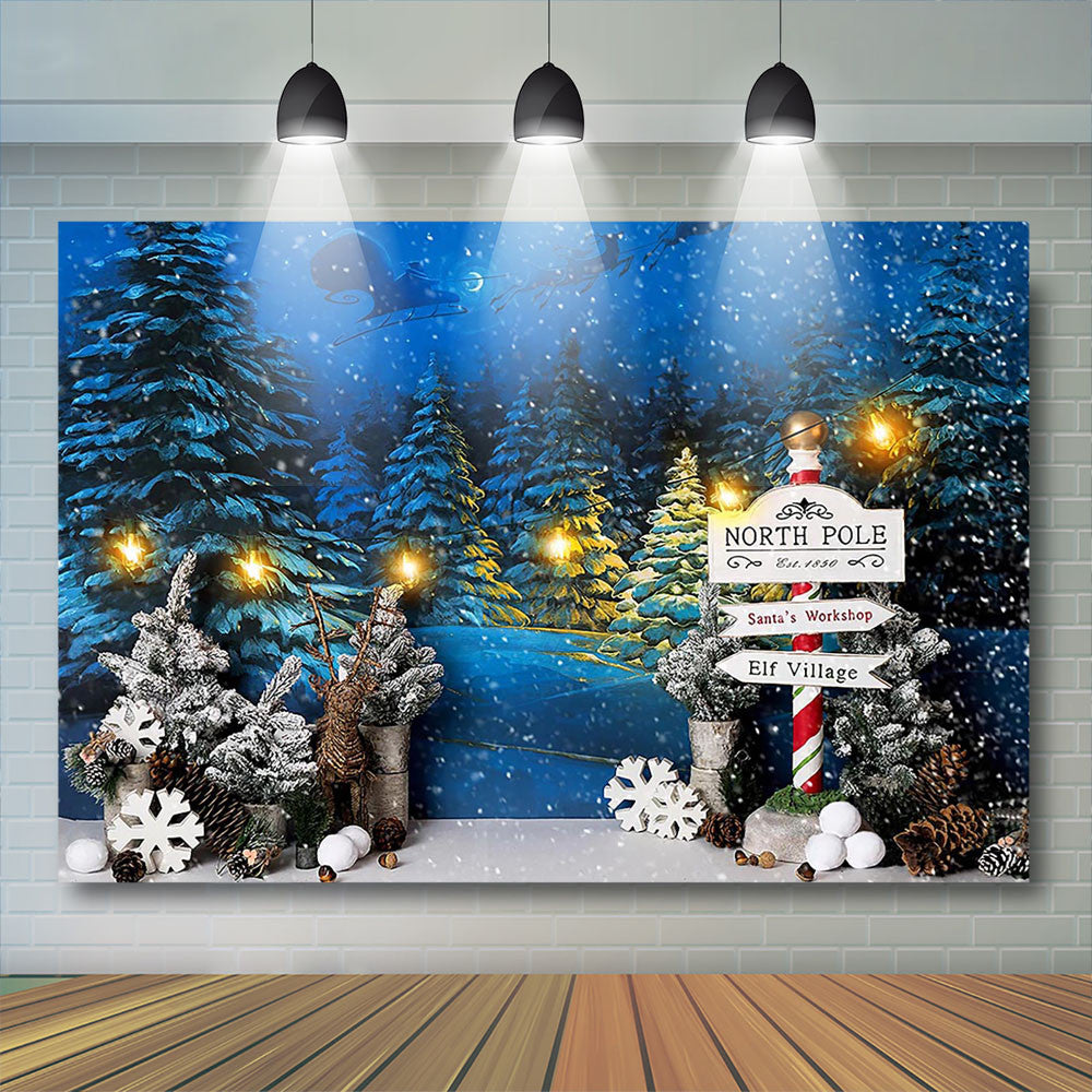 Fondo de Navidad, invierno, nieve, noche, Papá Noel, Reno, árboles, accesorios de estudio fotográfico, papel tapiz de Año Nuevo, decoración de fiesta familiar 