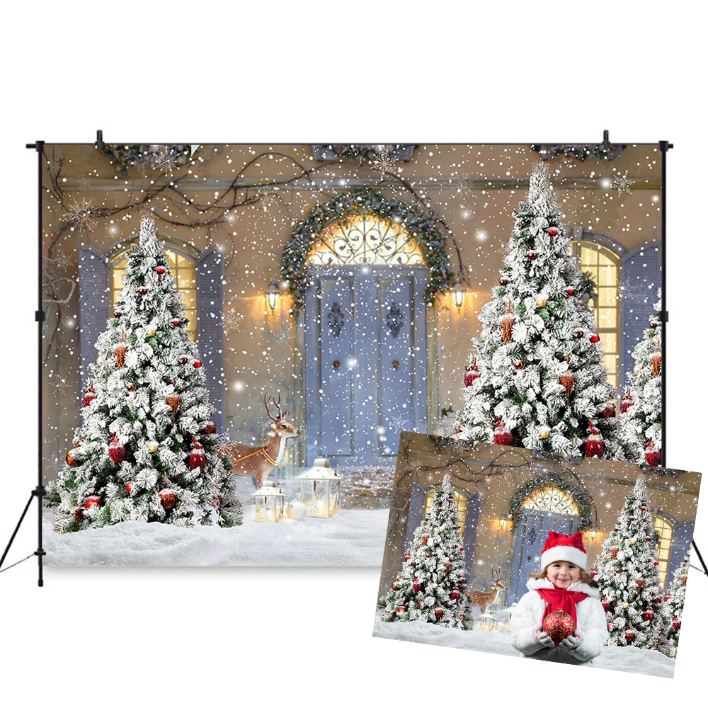 Merry Christmas Wood door Backdrop Snowflake Window Cloud Backdrop Family Christmas Trees Window Gift party Background Photo booth