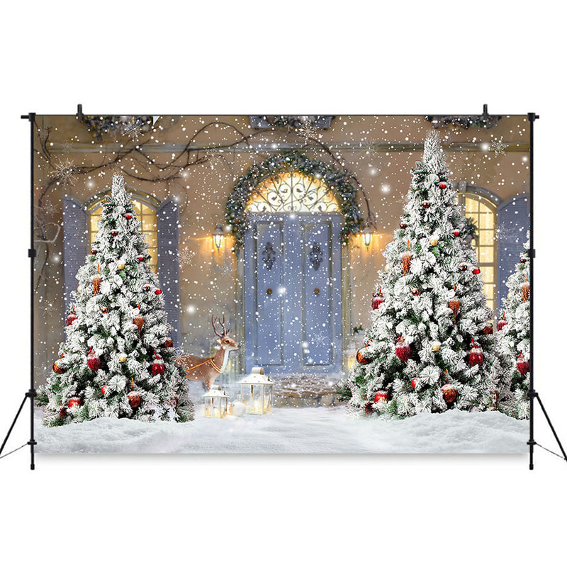 Merry Christmas Wood door Backdrop Snowflake Window Cloud Backdrop Family Christmas Trees Window Gift party Background Photo booth