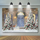 Merry Christmas Wood door Backdrop Snowflake Window Cloud Backdrop Family Christmas Trees Window Gift party Background Photo booth