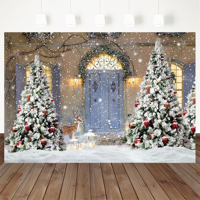 Merry Christmas Wood door Backdrop Snowflake Window Cloud Backdrop Family Christmas Trees Window Gift party Background Photo booth