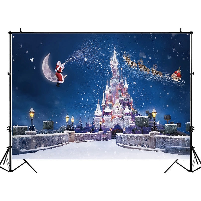 Arrière-plan de château de noël, cadeau de père noël, arrière-plan de photographie, neige d'hiver, arrière-plan pour enfants, pour Studio Photo 