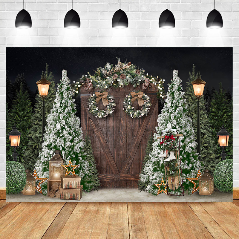 Christmas Photography Backdrops Christmas Tree Street Lamp Decor Vintage Wooden Door Photocall Background Photo Studio