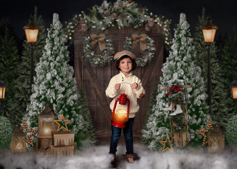 Christmas Photography Backdrops Christmas Tree Street Lamp Decor Vintage Wooden Door Photocall Background Photo Studio