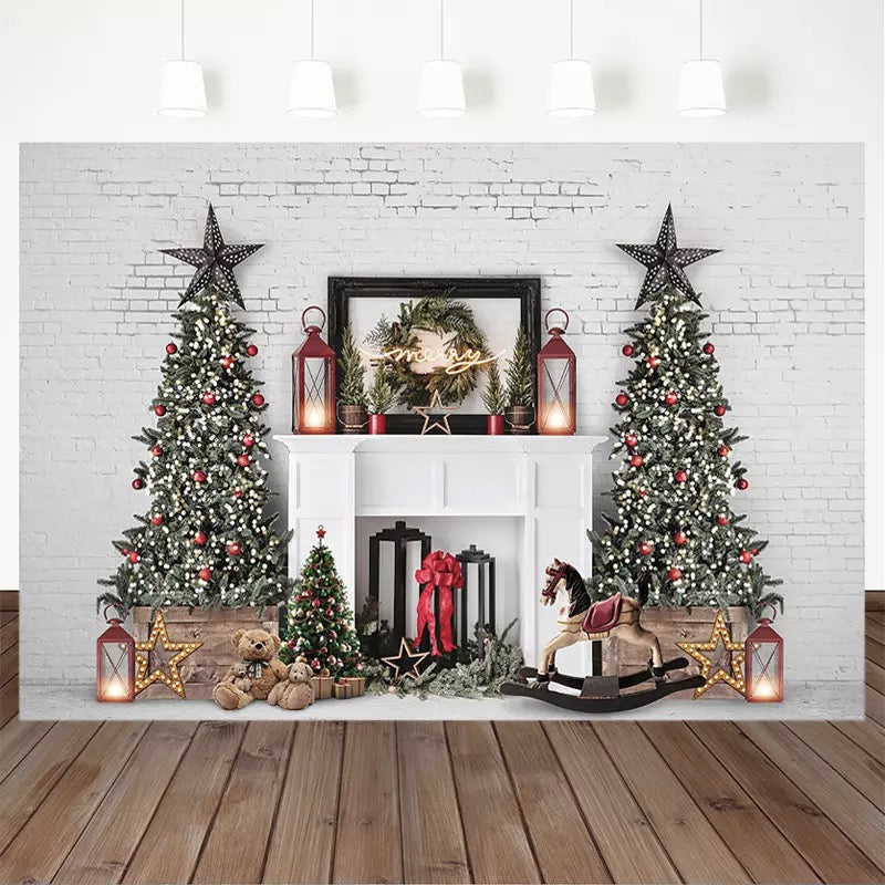 Fondo de fotografía de Navidad árbol de Navidad pared de ladrillo blanco telón de fondo chimenea decoración de fiesta infantil Prop Banner estudio