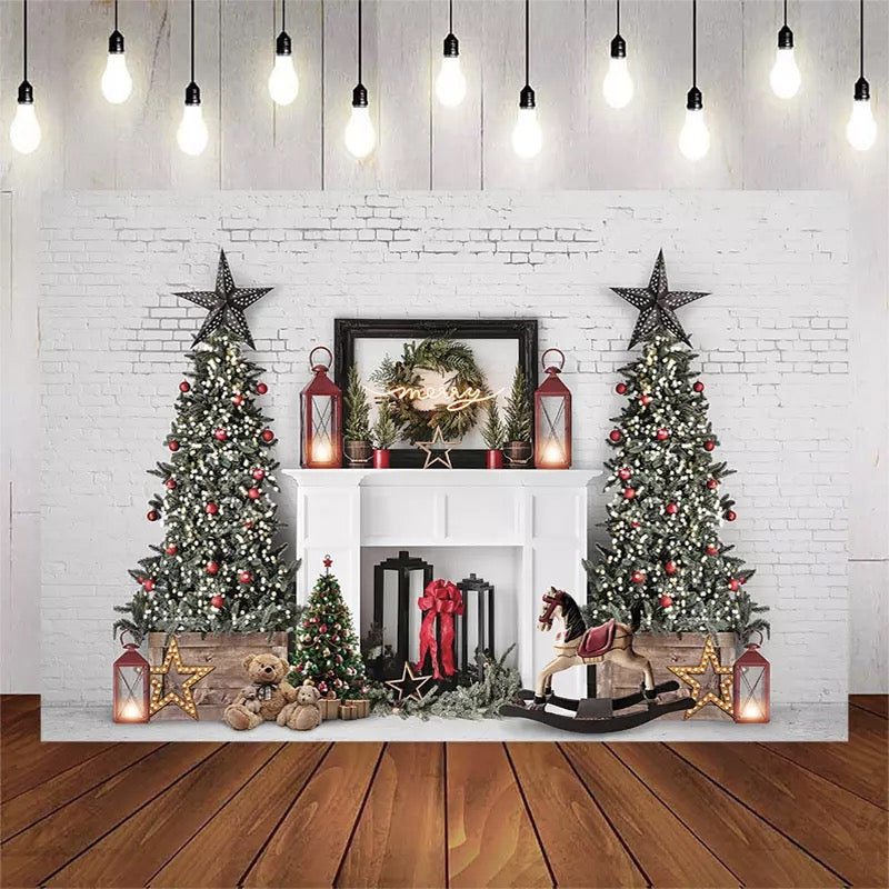 Fondo de fotografía de Navidad árbol de Navidad pared de ladrillo blanco telón de fondo chimenea decoración de fiesta infantil Prop Banner estudio