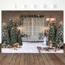 Arrière-plan de photographie de noël, arbre de noël, traîneau, champ de neige, fenêtres françaises, décoration de fête, bannière accessoire pour Studio Photo 