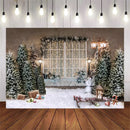 Arrière-plan de photographie de noël, arbre de noël, traîneau, champ de neige, fenêtres françaises, décoration de fête, bannière accessoire pour Studio Photo 