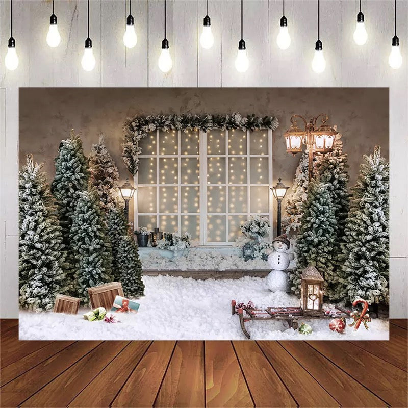 Christmas Photography Background Xmas Tree Sled Snowfield Backdrop French Windows Party Decoration Prop Banner For Photo Studio