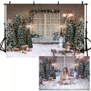 Christmas Photography Background Xmas Tree Sled Snowfield Backdrop French Windows Party Decoration Prop Banner For Photo Studio