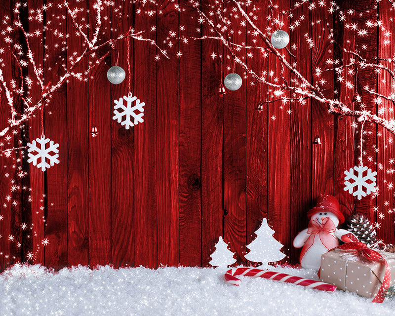 Thème de noël toile de fond flocon de neige cadeau bonhomme de neige branche d'arbre pin modèle rouge en bois photographie fond pour Studio Photo