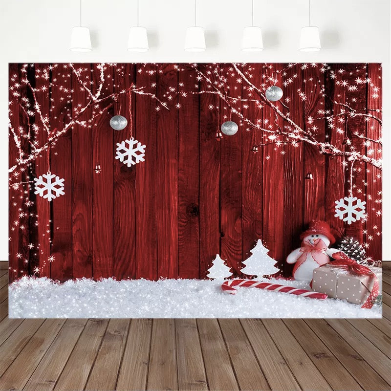 Christmas Theme Backdrop Snowflake Gift Snowman Tree Branch Pine Tree Model Red Wooden Photography Background For Photo Studio