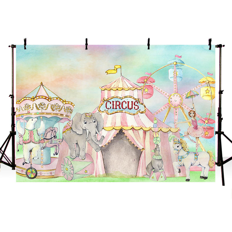 Circus amusement park elephant newborn baby shower backdrop for photography happy birthday watercolor photo background studio