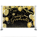 Fondo de graduación de clase, felicidades, celebración de clase de graduación, decoración de fiesta, fondo fotográfico de globo con brillo negro y dorado 