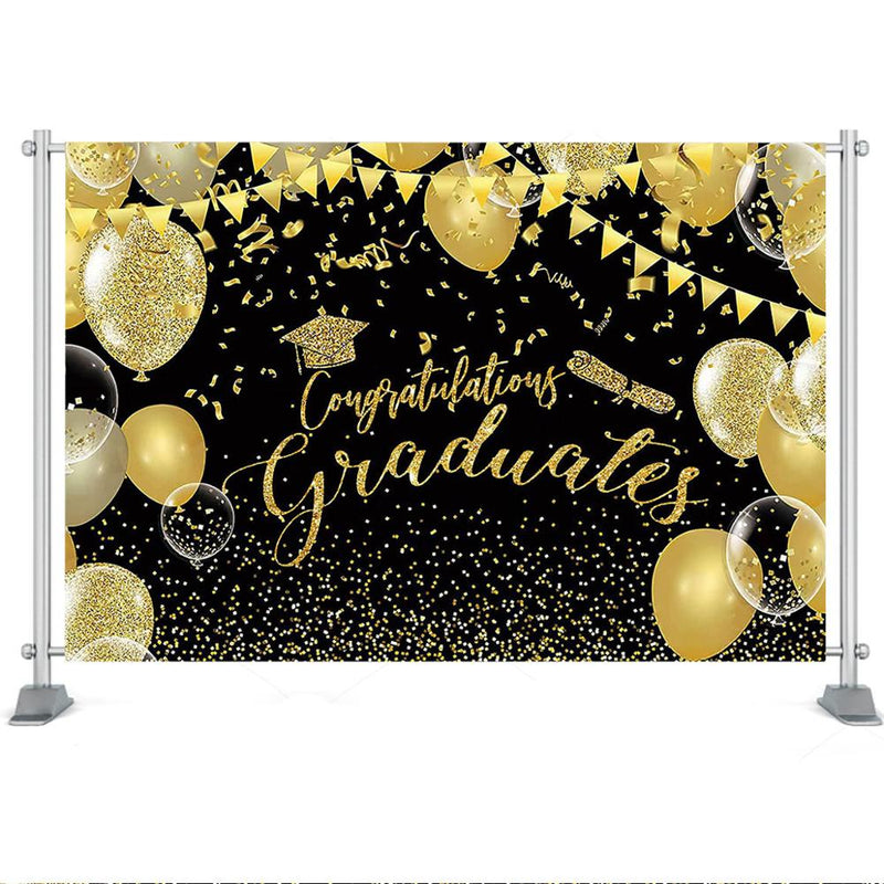 Fondo de graduación de clase, felicidades, celebración de clase de graduación, decoración de fiesta, fondo fotográfico de globo con brillo negro y dorado 