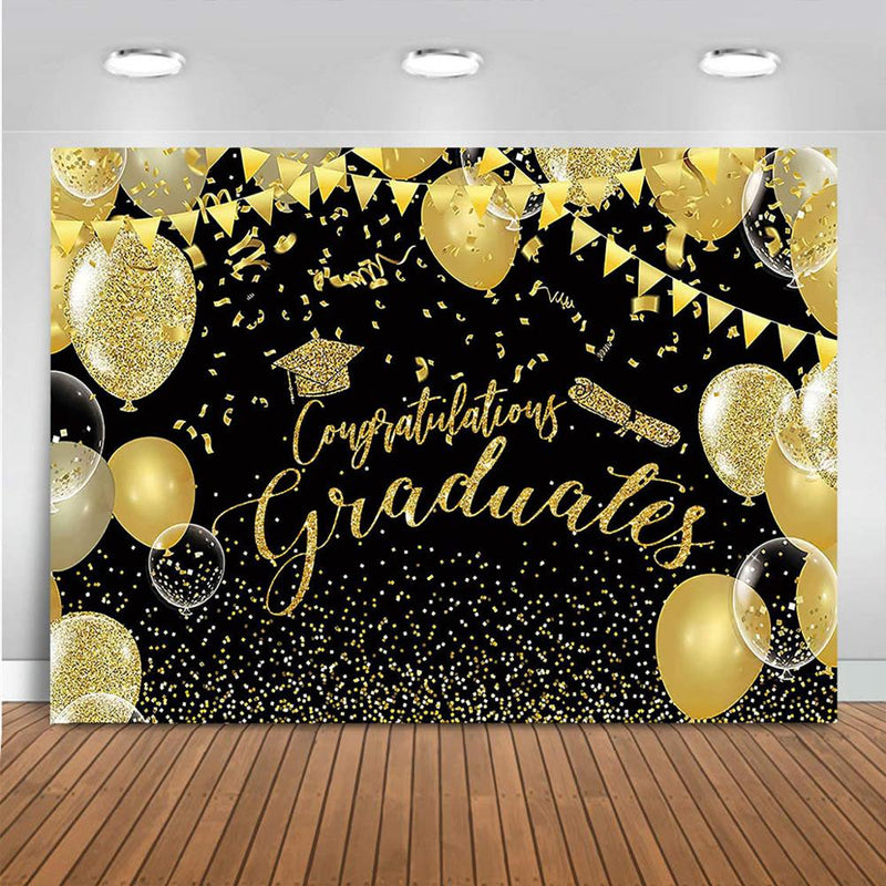 Class Graduation Backdrop Congrats Grad Class Celebration Party Decor Black and Gold Glitter Balloon Photo Background