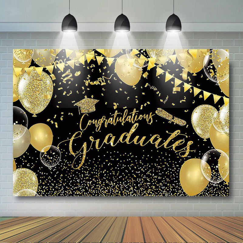 Toile de fond pour remise de diplôme de classe, décor de fête de célébration de remise de diplôme, ballon à paillettes noir et or, arrière-plan pour Photo 