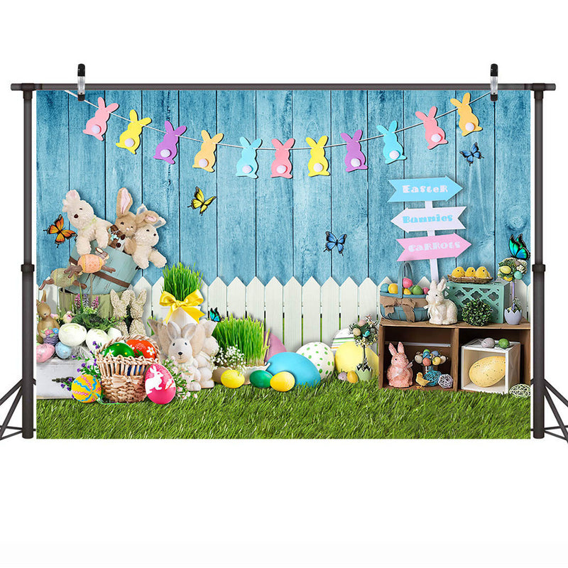 Cute Rabbit Birthday Cake Smash Backdrop Easter Eggs Bunny Spring Portrait Background Butterflies Grass Blue Wood Wall Studio