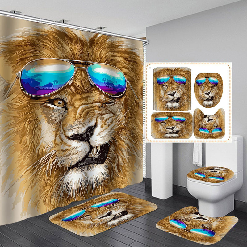 Lion King Shower Curtain Waterproof Set Home Decor Animal Bath Mat Toilet Lid Cover Flannel Bathroom Carpet 4 Piece Set