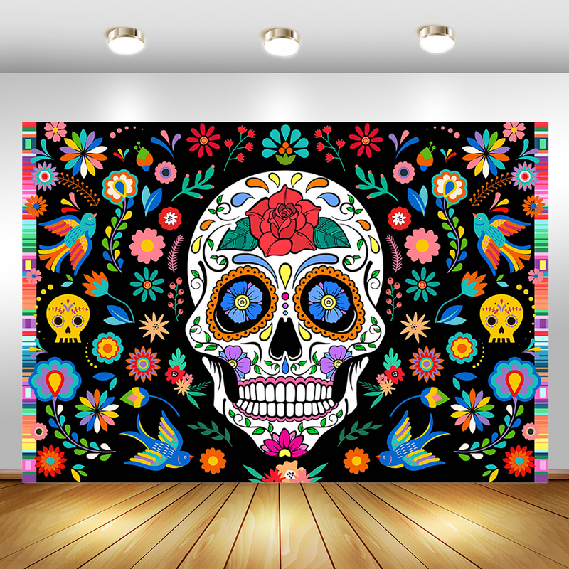 Day of The Dead Backdrop for Mexican Fiesta Sugar Skull Flowers Photography Background Dia DE Los Muertos Decoration Banner