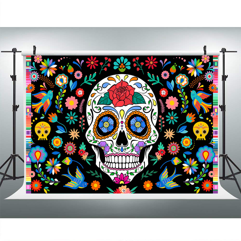 Toile DE fond DU jour des morts pour Fiesta mexicaine, crâne en sucre, fleurs, arrière-plan DE photographie, bannière DE décoration DE Dia DE Los Muertos