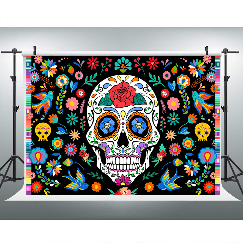 Day of The Dead Backdrop for Mexican Fiesta Sugar Skull Flowers Photography Background Dia DE Los Muertos Decoration Banner