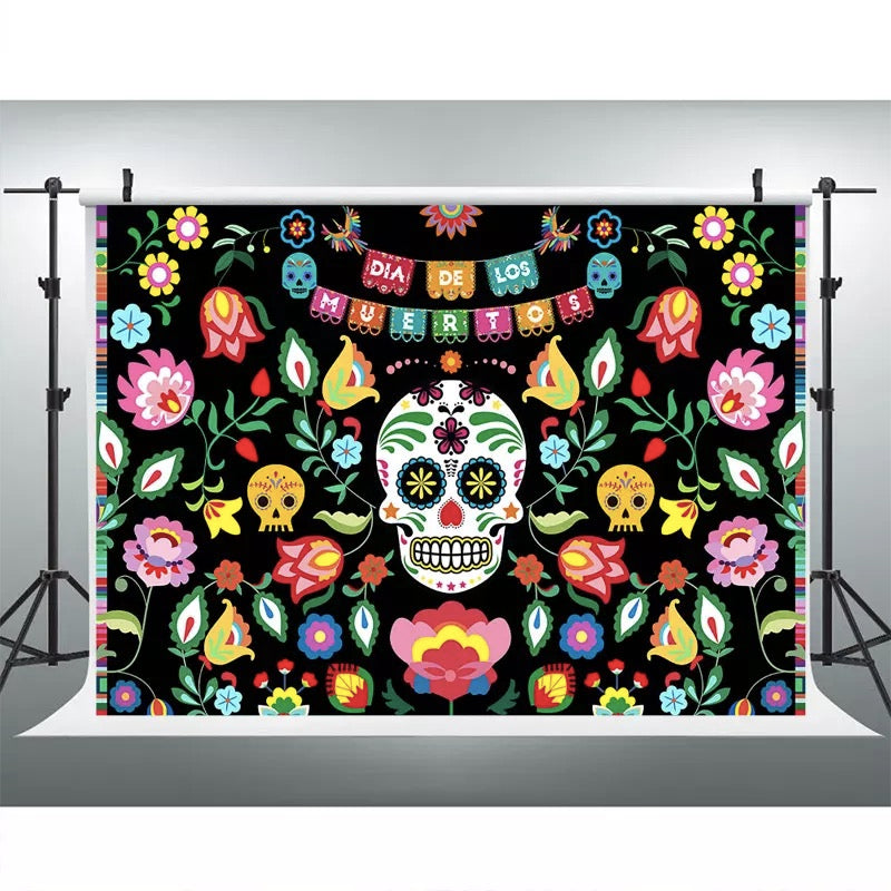 Fondo del Día de los Muertos para la Fiesta Mexicana, flores de calavera de azúcar, fondo de fotografía de Halloween, pancarta de decoraciones del Día DE Los Muertos 