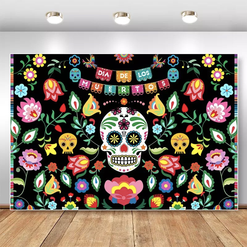 Day of The Dead Backdrop for Mexican Fiesta Sugar Skull Flowers Halloween Photography Background Dia DE Los Muertos Decorations Banner