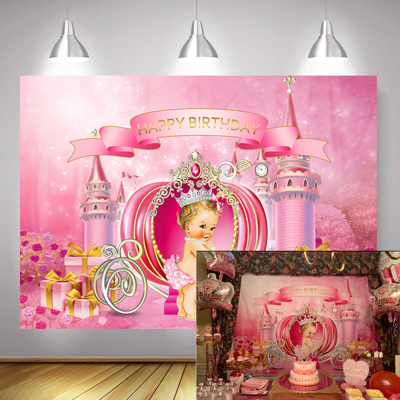 Dream Castle Theme Little Princess Birthday Backdrop Fairy Tale Pumpkin Carriage Newborn Party Photo Background Pink Girl Gifts