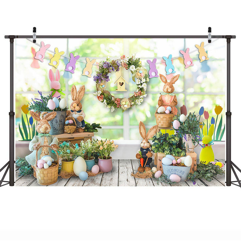 Easter Baby Rabbit Birthday Portrait Backdrop Photocall Bokeh Window Spring Flowers Background Easter Eggs Bunny Photography