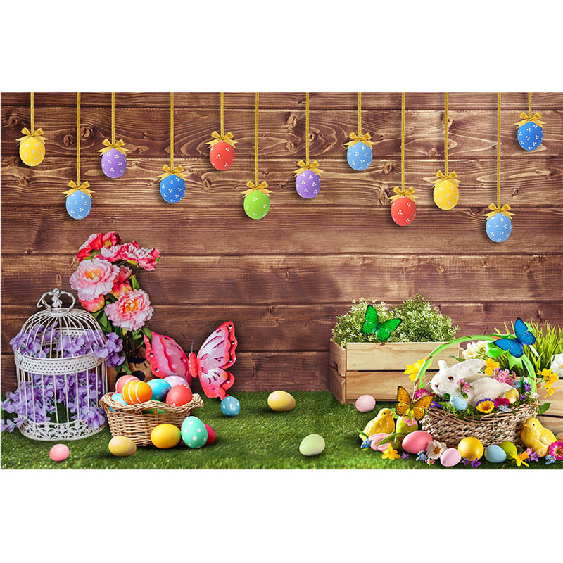 Easter Butterflies Portrait Background Spring Flowers Eggs Bunny Cake Smash Photo Backdrop Grass Brown Wood Shoot Studio Props