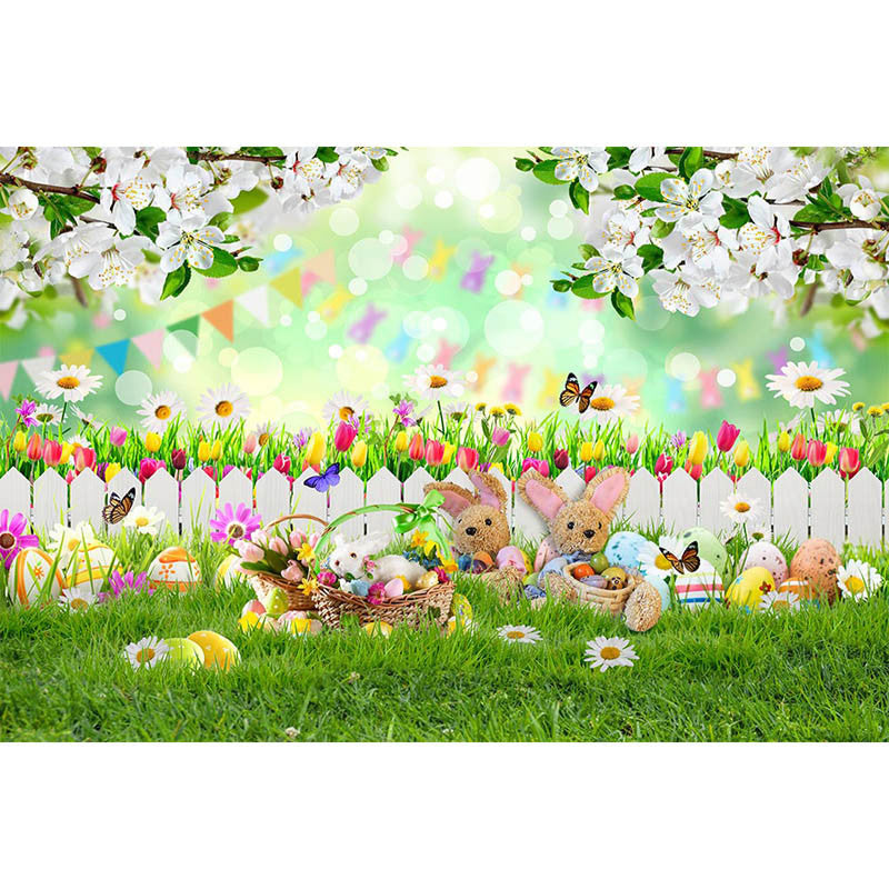 Arrière-plan de photographie de Portrait de pâques, Studio de photographie, œuf de pâques, lapin, prairie, fleurs de printemps, décor de séance photo d'anniversaire 