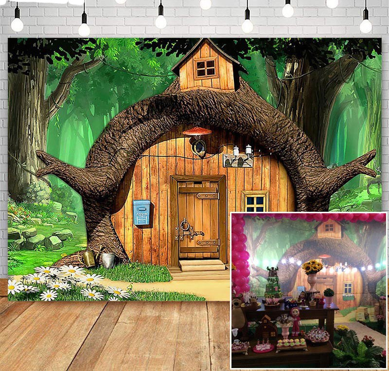 Fairy Tale Cabin Backdrop for Princess Birthday Party Decorations Photography Background 1st Birthday Cake Smash Photoshoot