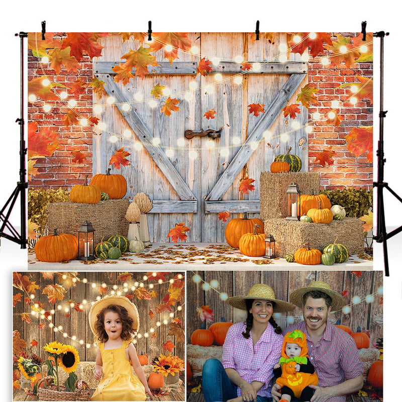 Fall Pumpkin Photography Backdrop Autumn Thanksgiving Harvest Hay Leaves Wooden Background Sunflower Maple Banner Decoration