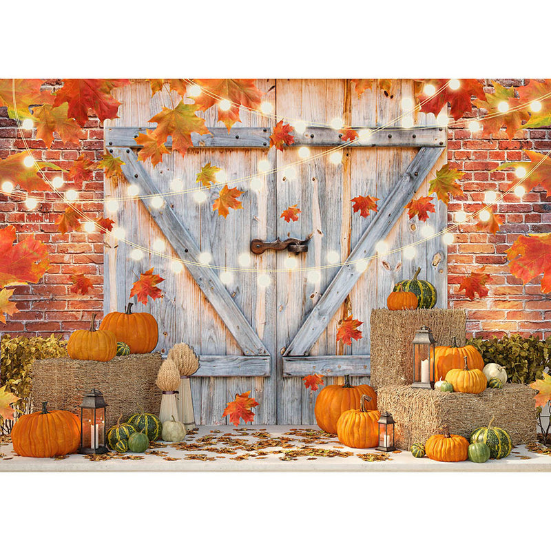 Fall Pumpkin Photography Backdrop Autumn Thanksgiving Harvest Hay Leaves Wooden Background Sunflower Maple Banner Decoration
