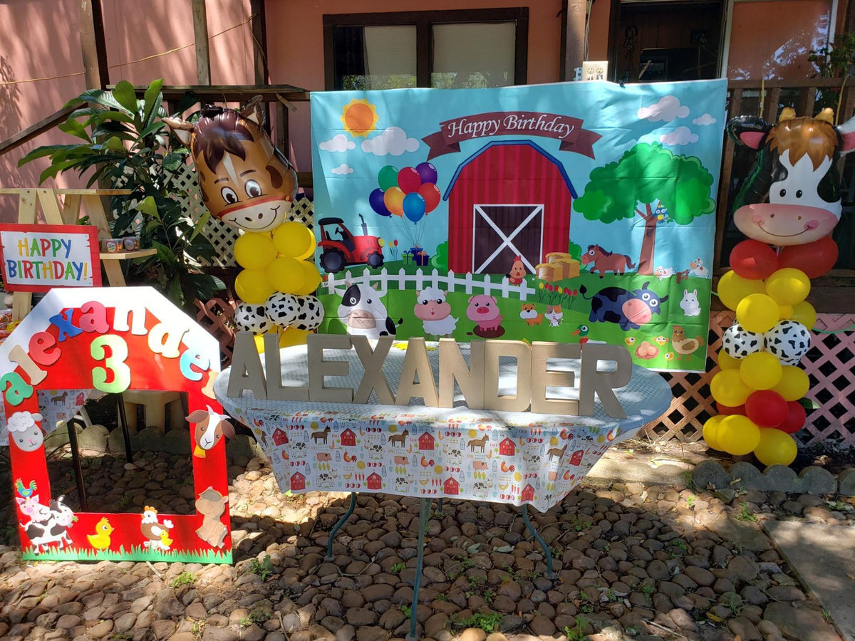 Fondo de fotografía con tema de granja de dibujos animados, granero, animales domésticos, cartel rústico de feliz cumpleaños para niños, Ideas de decoración para fiesta infantil