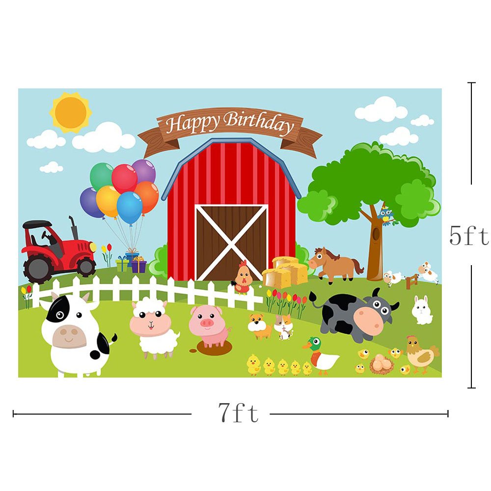 Fondo de fotografía con tema de granja de dibujos animados, granero, animales domésticos, cartel rústico de feliz cumpleaños para niños, Ideas de decoración para fiesta infantil