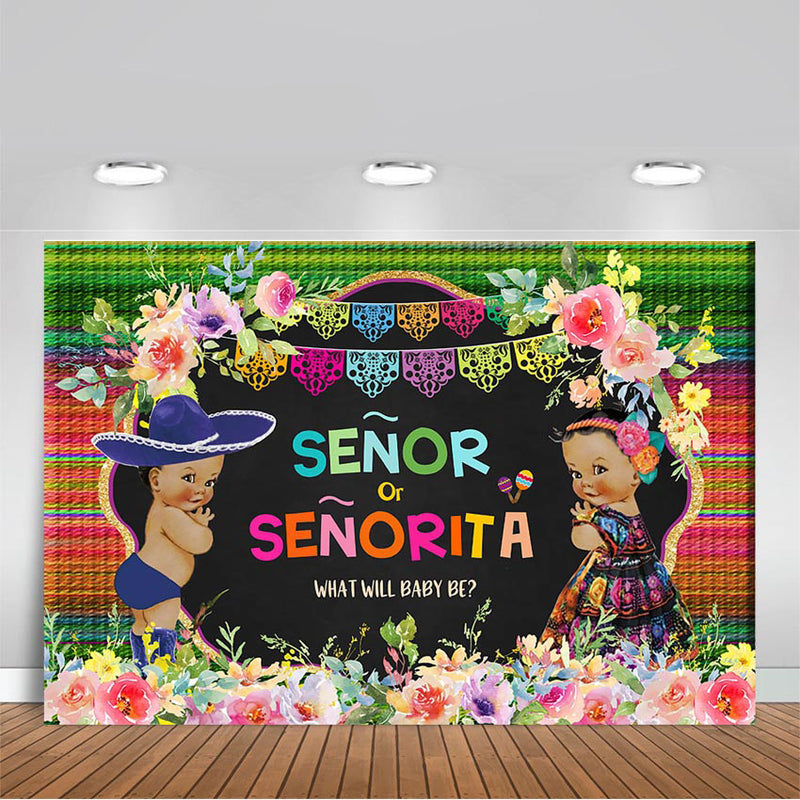 Fiesta Gender Reveal Party Backdrop Mexican Fiesta Senor or Senorita Baby Photography Background He or She Party Background