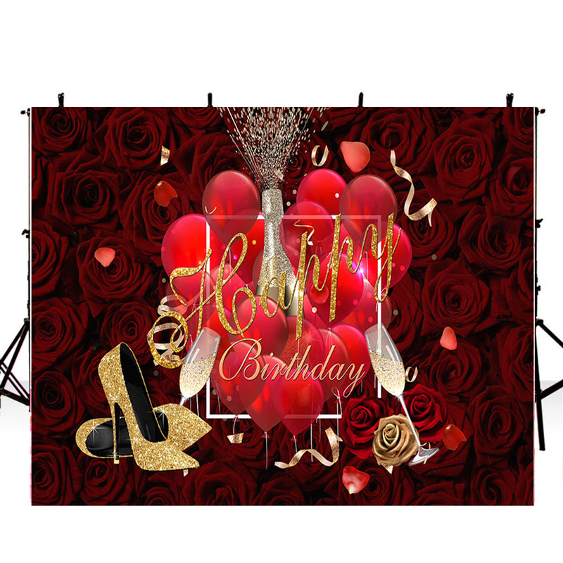 Happy birthday photo backdrops red rose flowers customized birthday photo booth props for woman birthday photo backdrop sexy gold heel background for photo happy 30th birthday