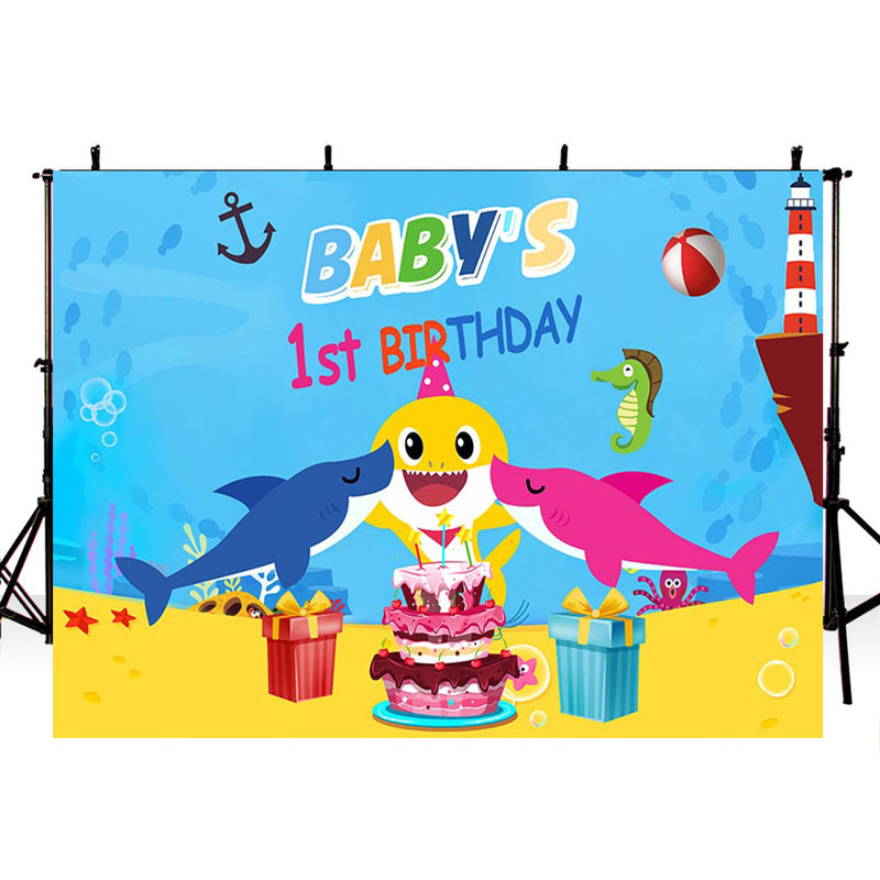Baby's 1st Birthday Party Backdrop Vinyl Photography Background Undersea World Cartoon Baby Whale Backdrop Shark Starfish Yellow Pink Blue Color Cake Gifts Birthday Decoration Children