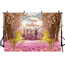 Happy Birthday Photo Background Pink Flowers for Girls Birthday Party Decoration Castle Golden Horse Backdrop for Photography Studio