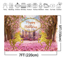 Happy Birthday Photo Background Pink Flowers for Girls Birthday Party Decoration Castle Golden Horse Backdrop for Photography Studio